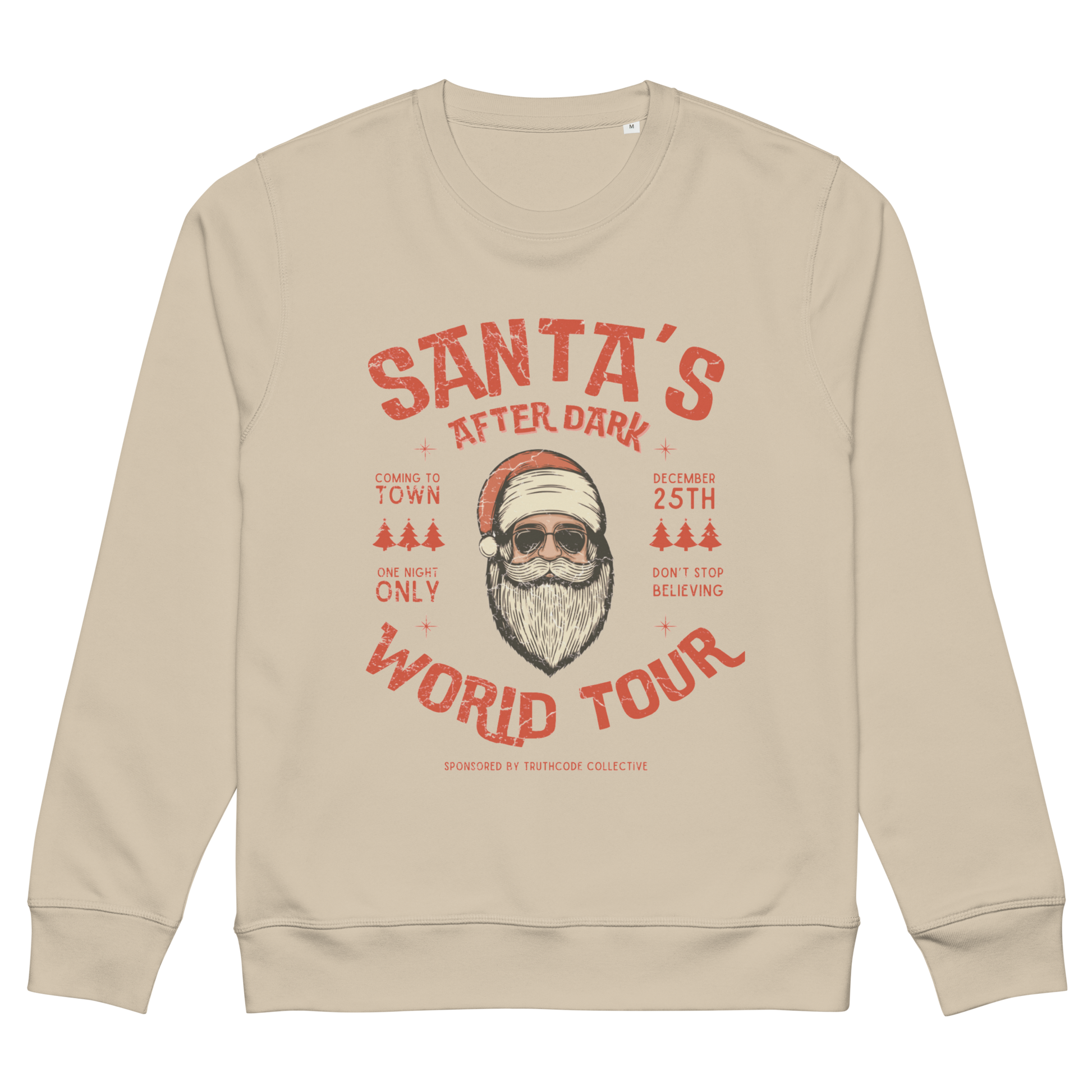 Beige organic sweatshirt with Santa Claus in sunglasses graphic and text 'Santa's after dark world tour' on a white background