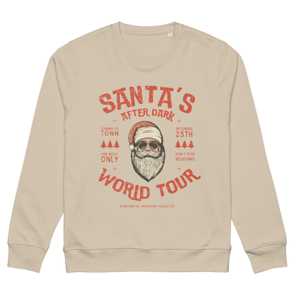 Beige organic sweatshirt with Santa Claus in sunglasses graphic and text 'Santa's after dark world tour' on a white background