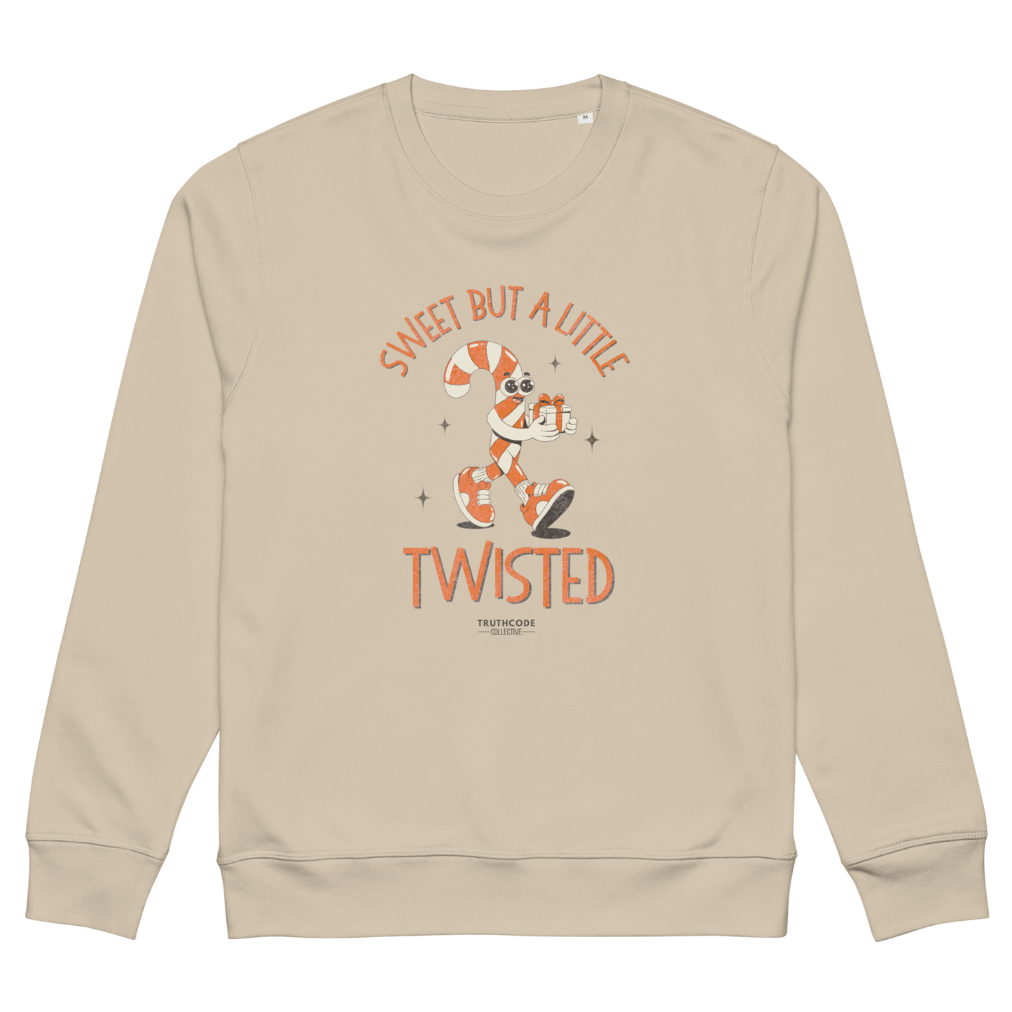 Beige sweatshirt with cartoon character and text 'Sweet but a little twisted' on a white background