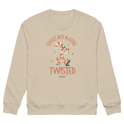 Beige sweatshirt with cartoon character and text 'Sweet but a little twisted' on a white background