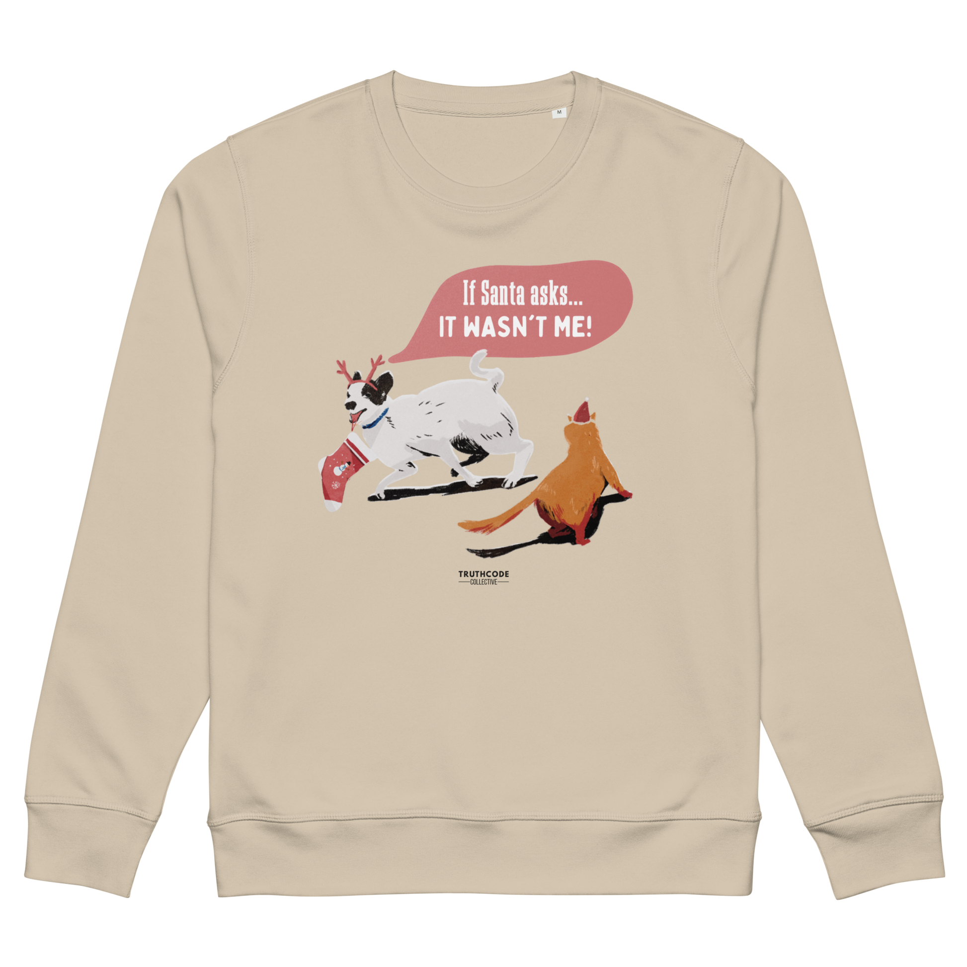 Beige sweatshirt with cartoon dogs and text on a white background