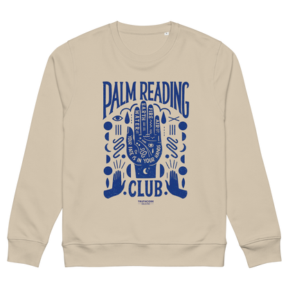 Beige organic sweatshirt with blue 'Palm Reading Club' and graphic design of a hand with different elements of palm reading, shirt on a white background