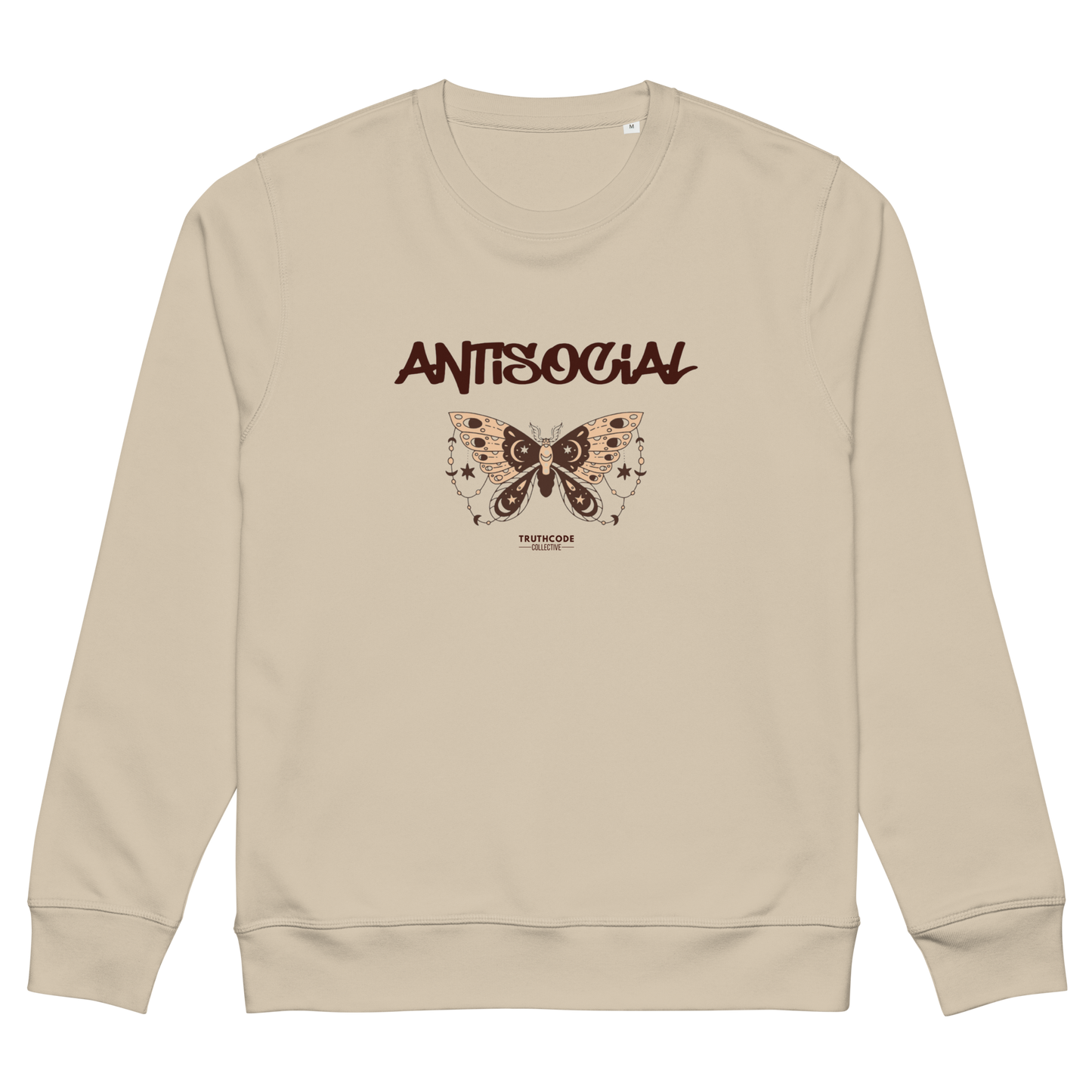 Beige organic sweatshirt with butterfly graphic and 'ANTISOCIAL' text on a white background