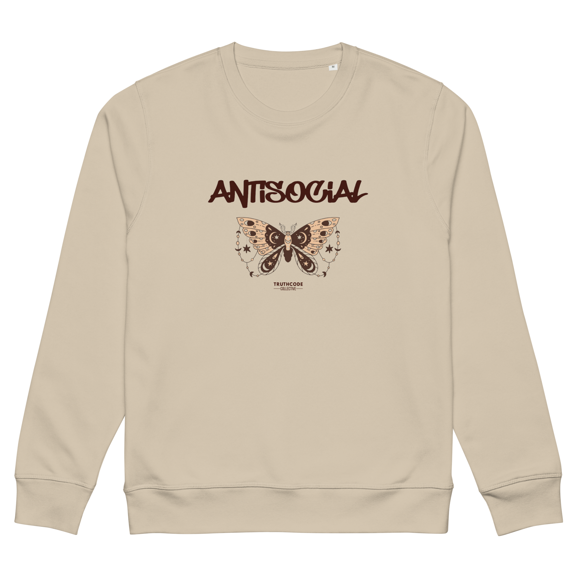 Beige organic sweatshirt with butterfly graphic and 'ANTISOCIAL' text on a white background