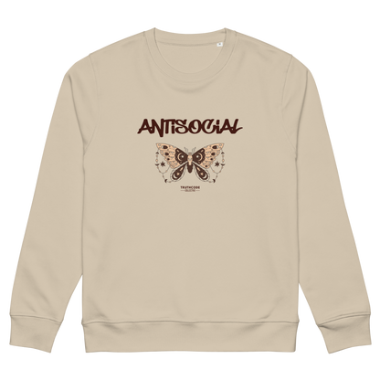 Beige organic sweatshirt with butterfly graphic and 'ANTISOCIAL' text on a white background