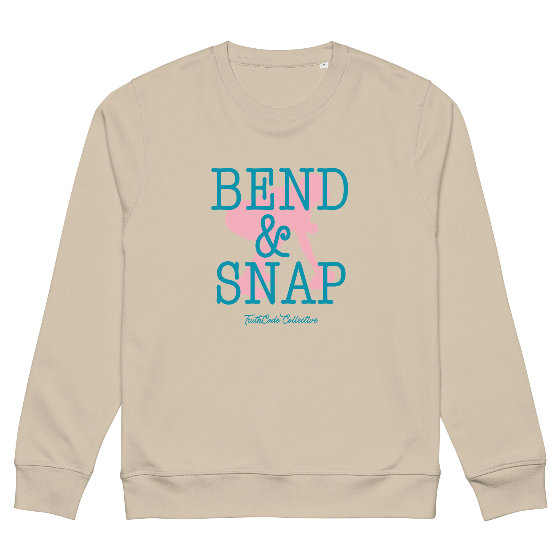 Beige organic sweatshirt with 'Bend & Snap' text and graphic design of football center ready to snap the ball, on a white background