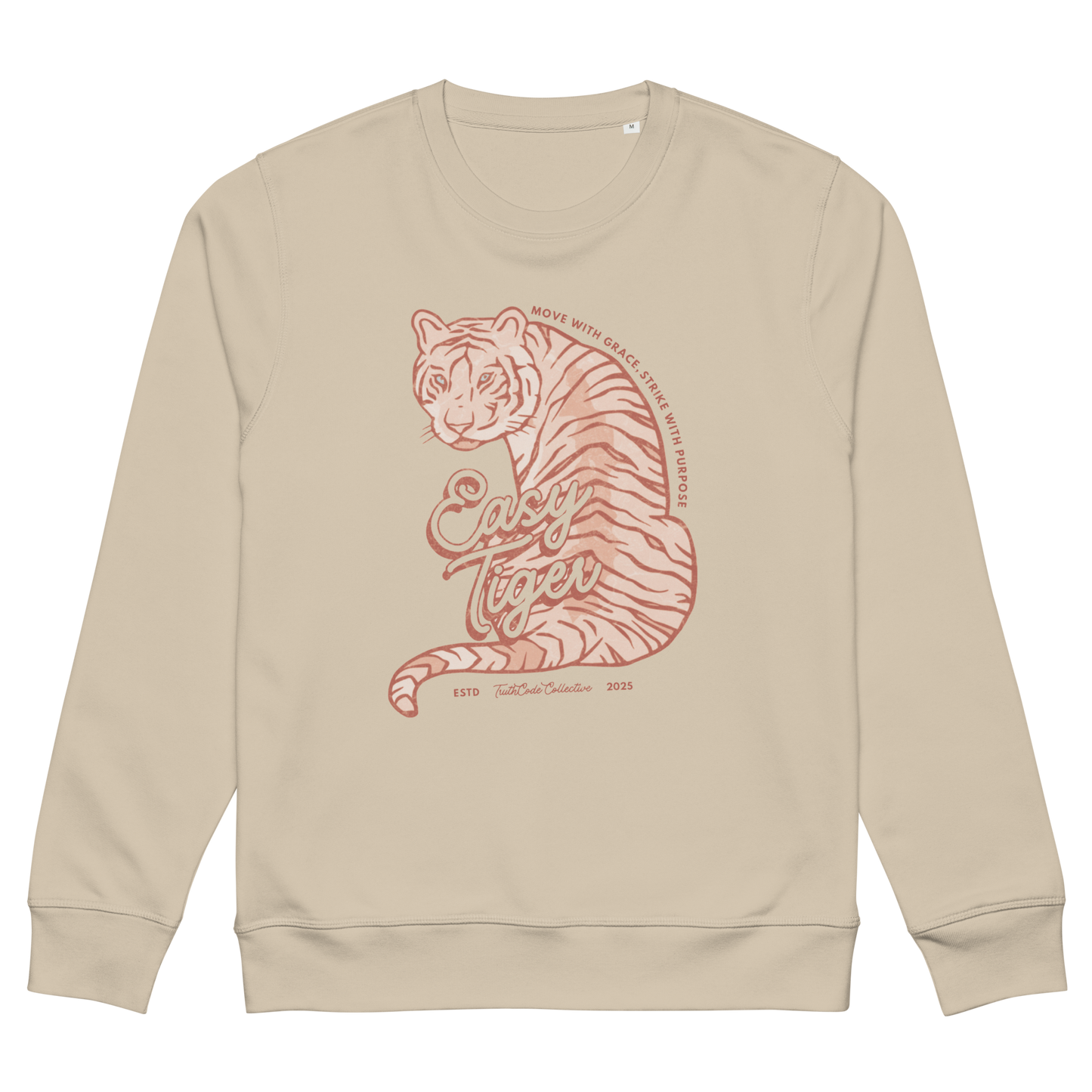 Beige organic sweatshirt with a tiger graphic and 'Easy Tiger' text, on a white background