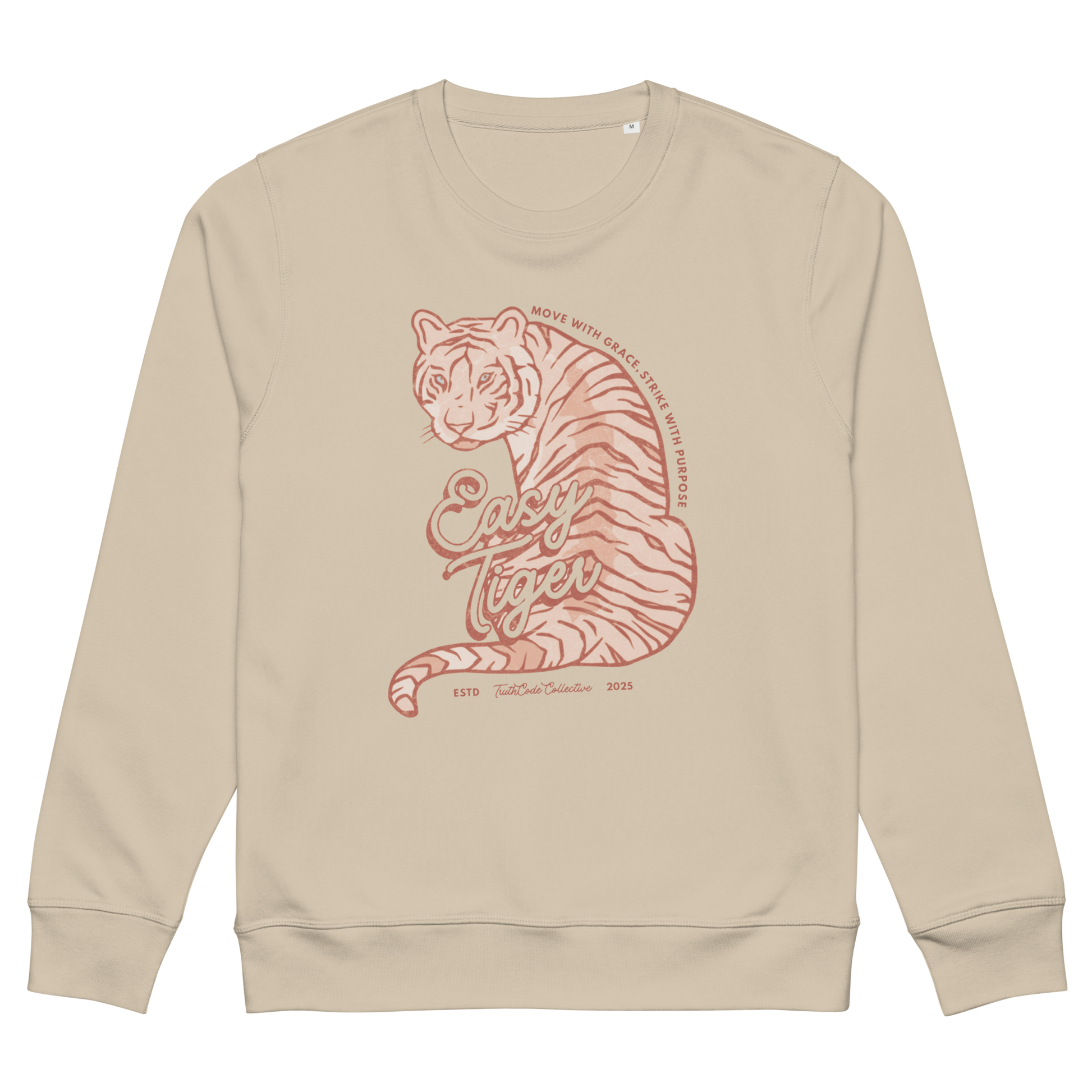 Beige organic sweatshirt with a tiger graphic and 'Easy Tiger' text, on a white background