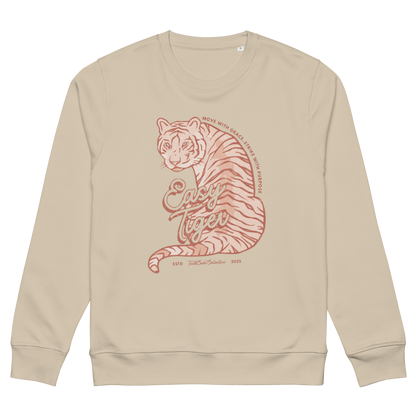Beige organic sweatshirt with a tiger graphic and 'Easy Tiger' text, on a white background
