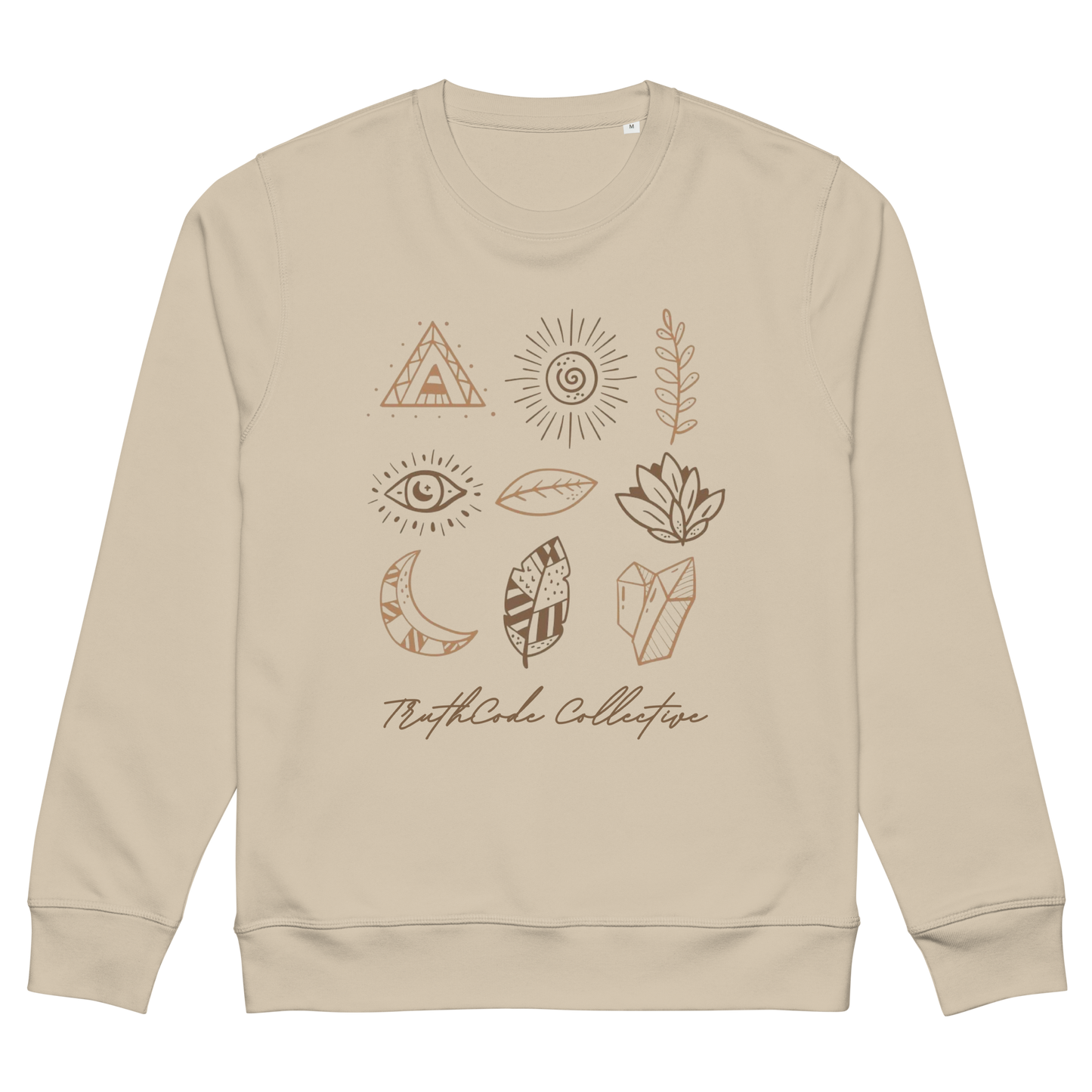 Beige organic sweatshirt with graphic designs of mystic markings- symbols of feathers, crystals,  earthy motifs, etc., on a white background