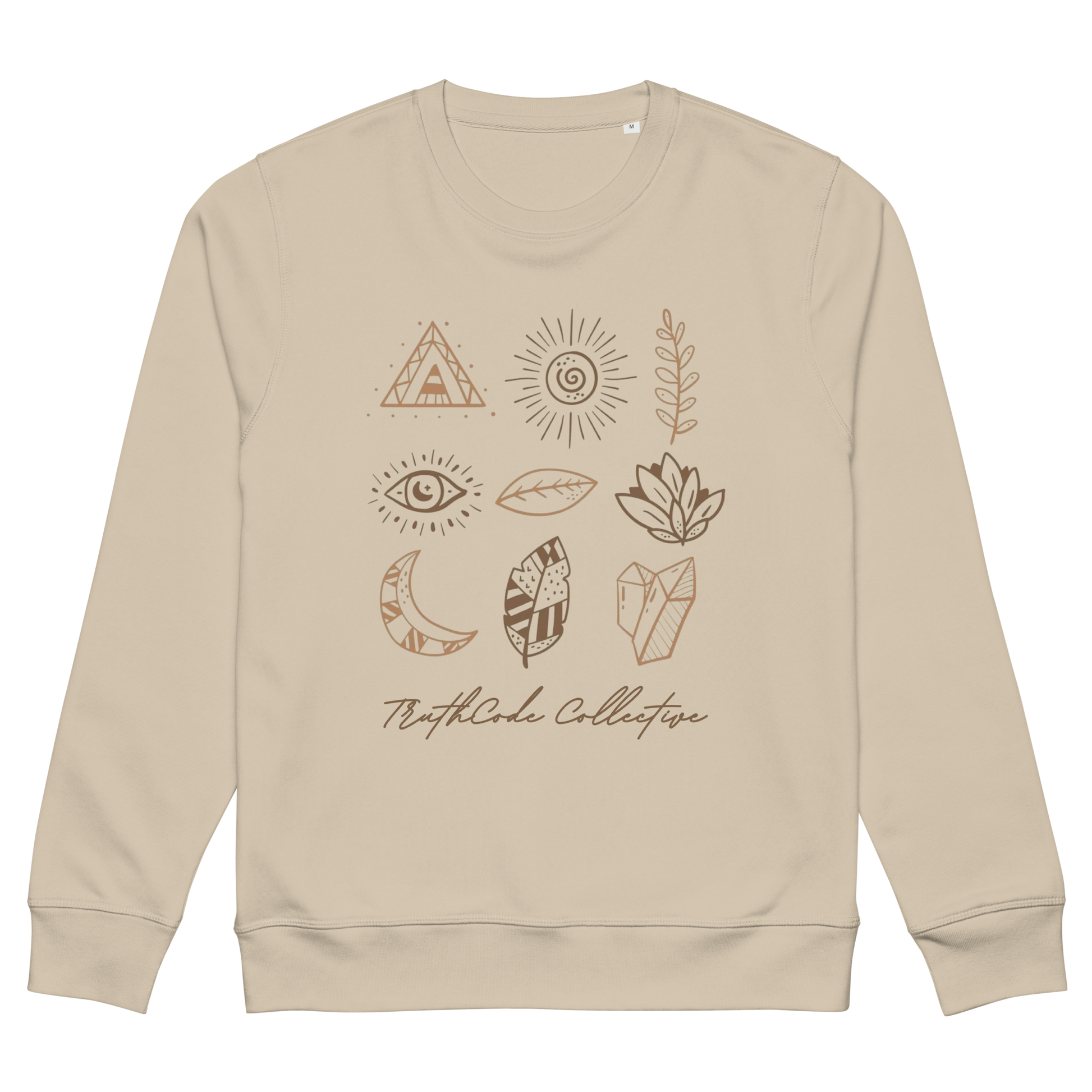 Beige organic sweatshirt with graphic designs of mystic markings- symbols of feathers, crystals,  earthy motifs, etc., on a white background