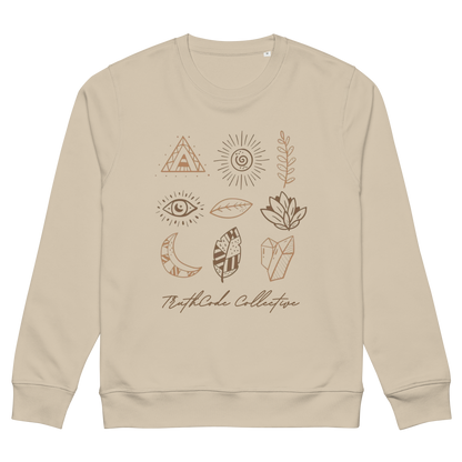 Beige organic sweatshirt with graphic designs of mystic markings- symbols of feathers, crystals,  earthy motifs, etc., on a white background