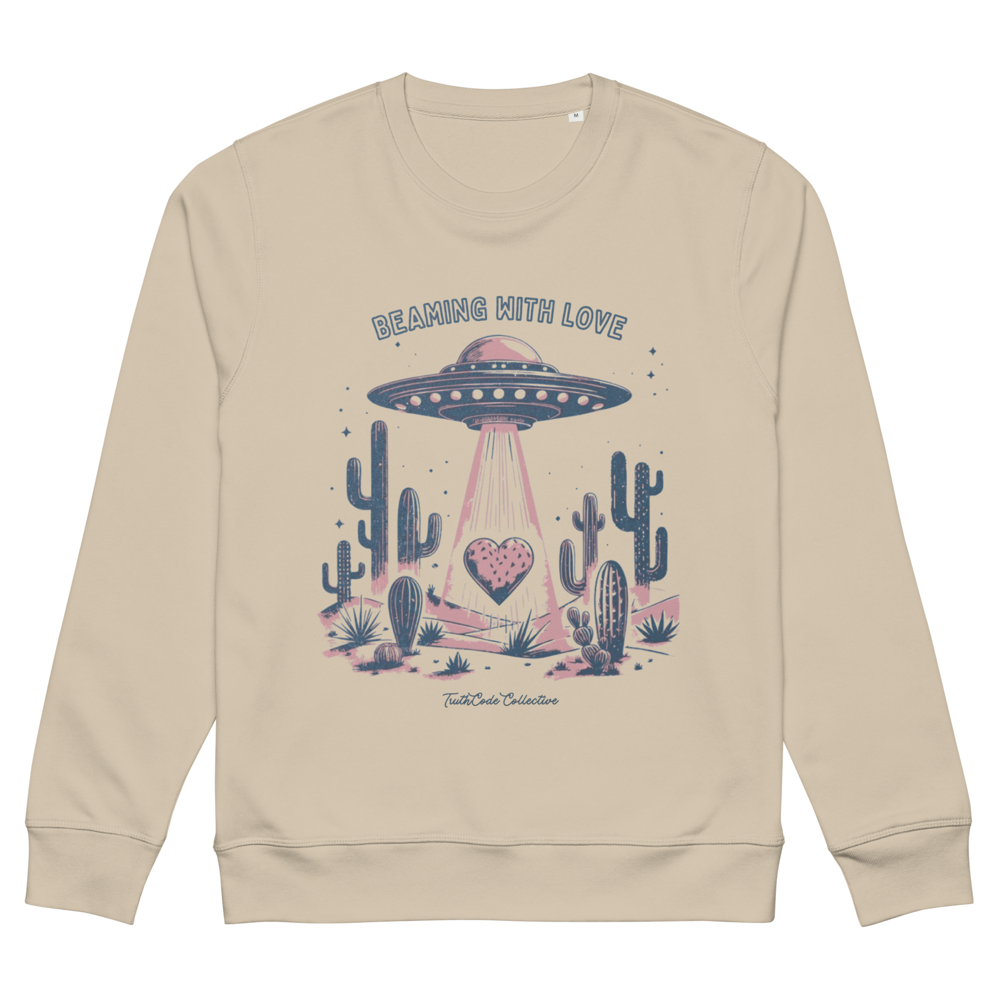Beige organic sweatshirt with a UFO and cactus design and text 'Beaming with love', on a white background