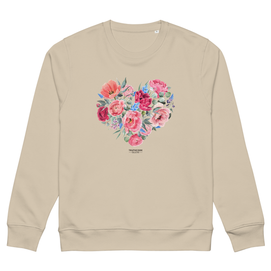 Beige organic sweatshirt with a floral heart design on a white background