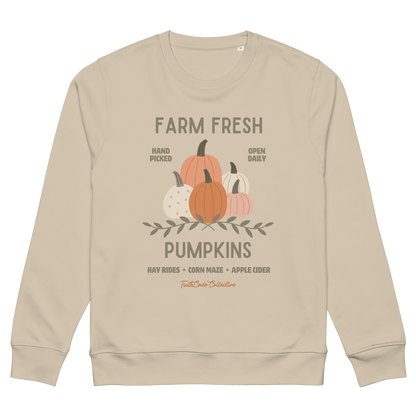 Beige organic sweatshirt with pumpkin graphic and text 'Farm fresh pumpkins, hay rides, corn maze, apple cider'  on a white background