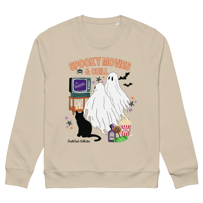 Beige organic sweatshirt with Halloween-themed design featuring a ghost, black cat, TV, and popcorn and text 'Spooky movies and chill' on a white background