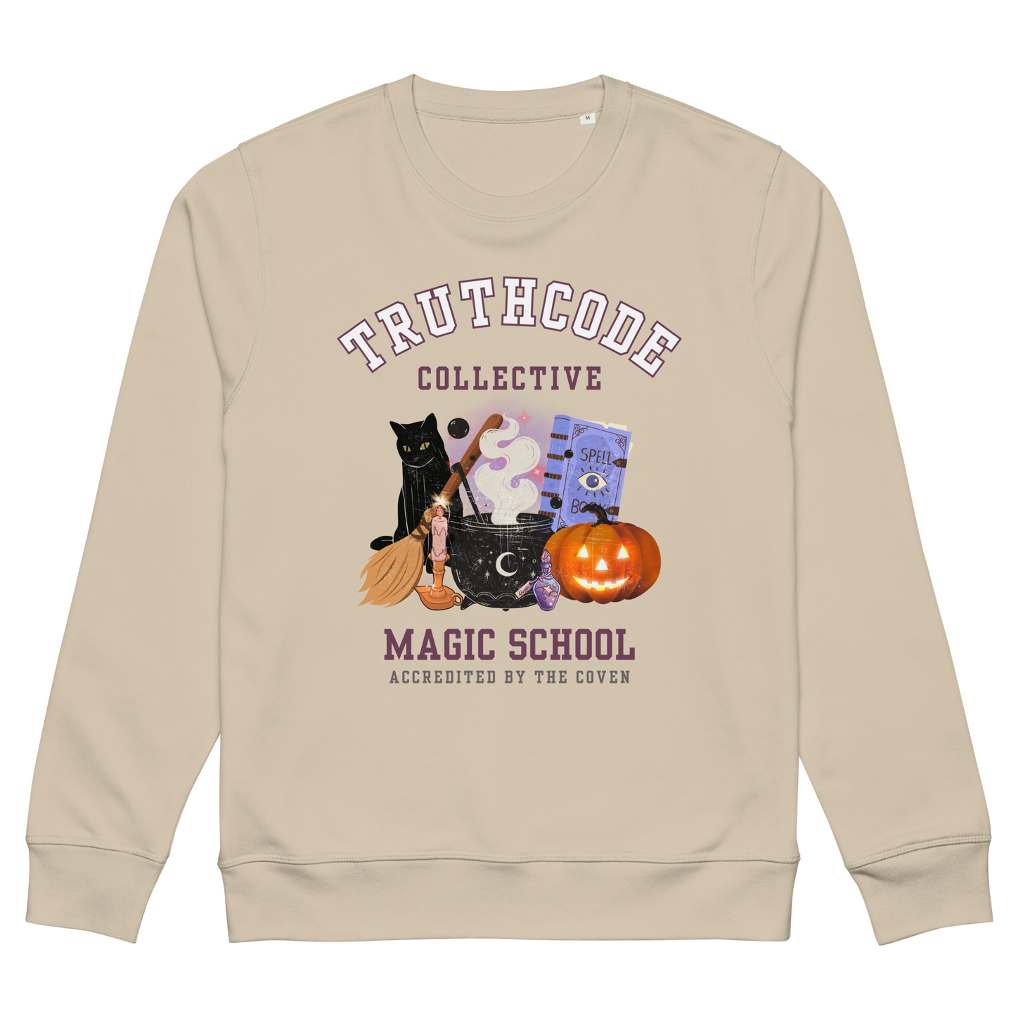 Beige organic sweatshirt with Halloween-themed design and 'TruthCode Collective Magic School' text, on a white background