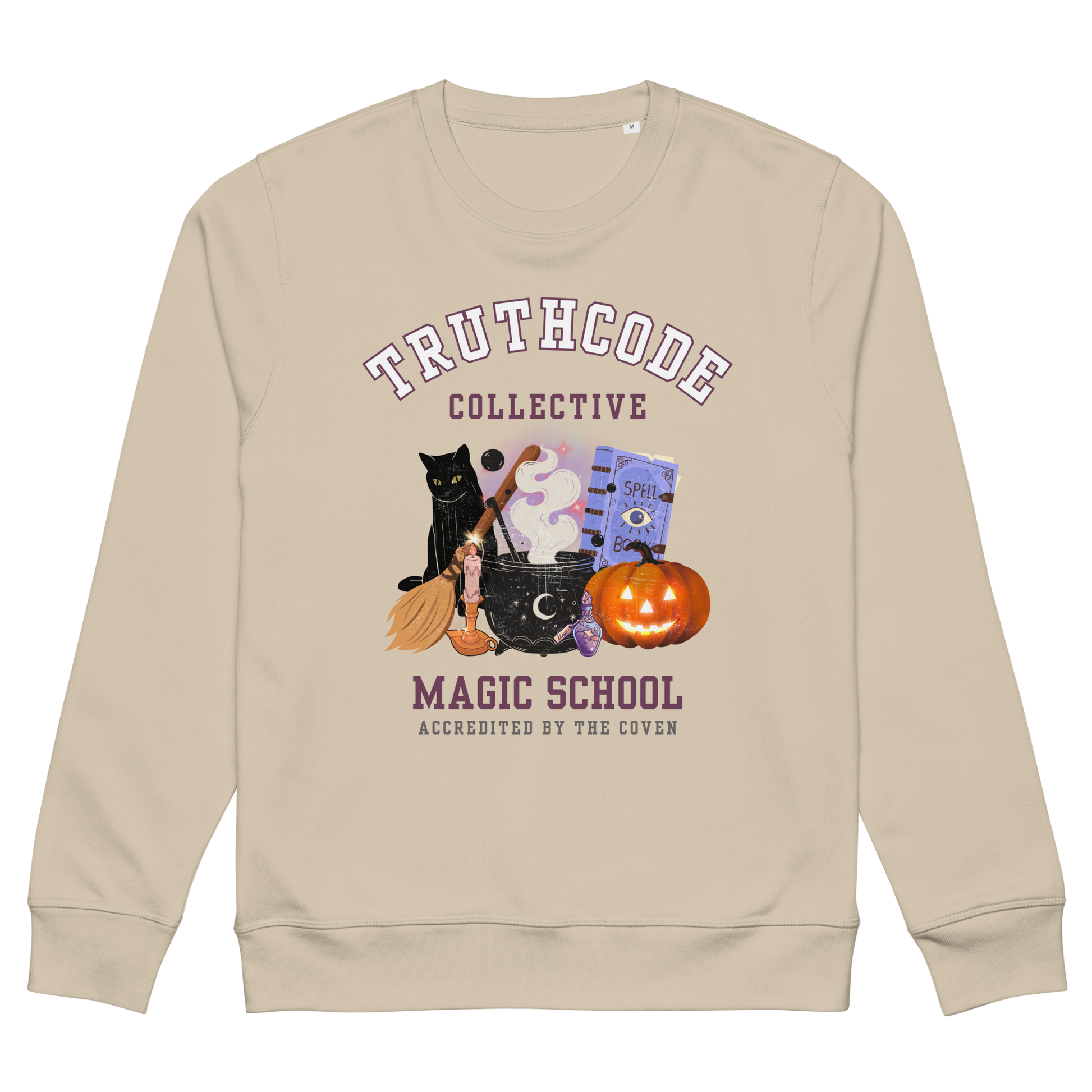 Beige organic sweatshirt with Halloween-themed design and 'TruthCode Collective Magic School' text, on a white background