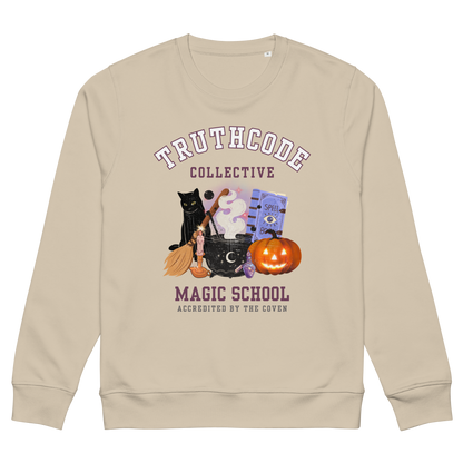 Beige organic sweatshirt with Halloween-themed design and 'TruthCode Collective Magic School' text, on a white background