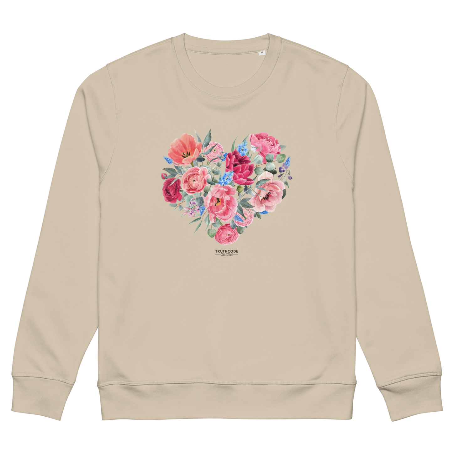 Beige organic sweatshirt with a floral heart design on a white background