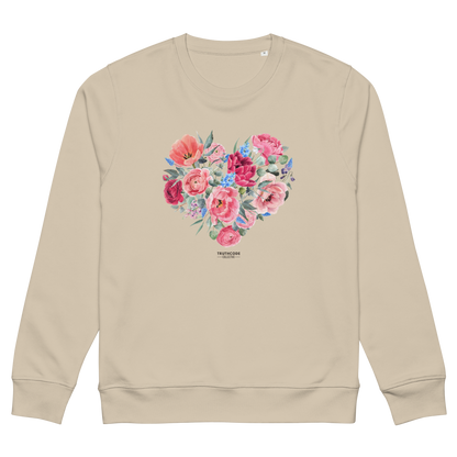 Beige organic sweatshirt with a floral heart design on a white background