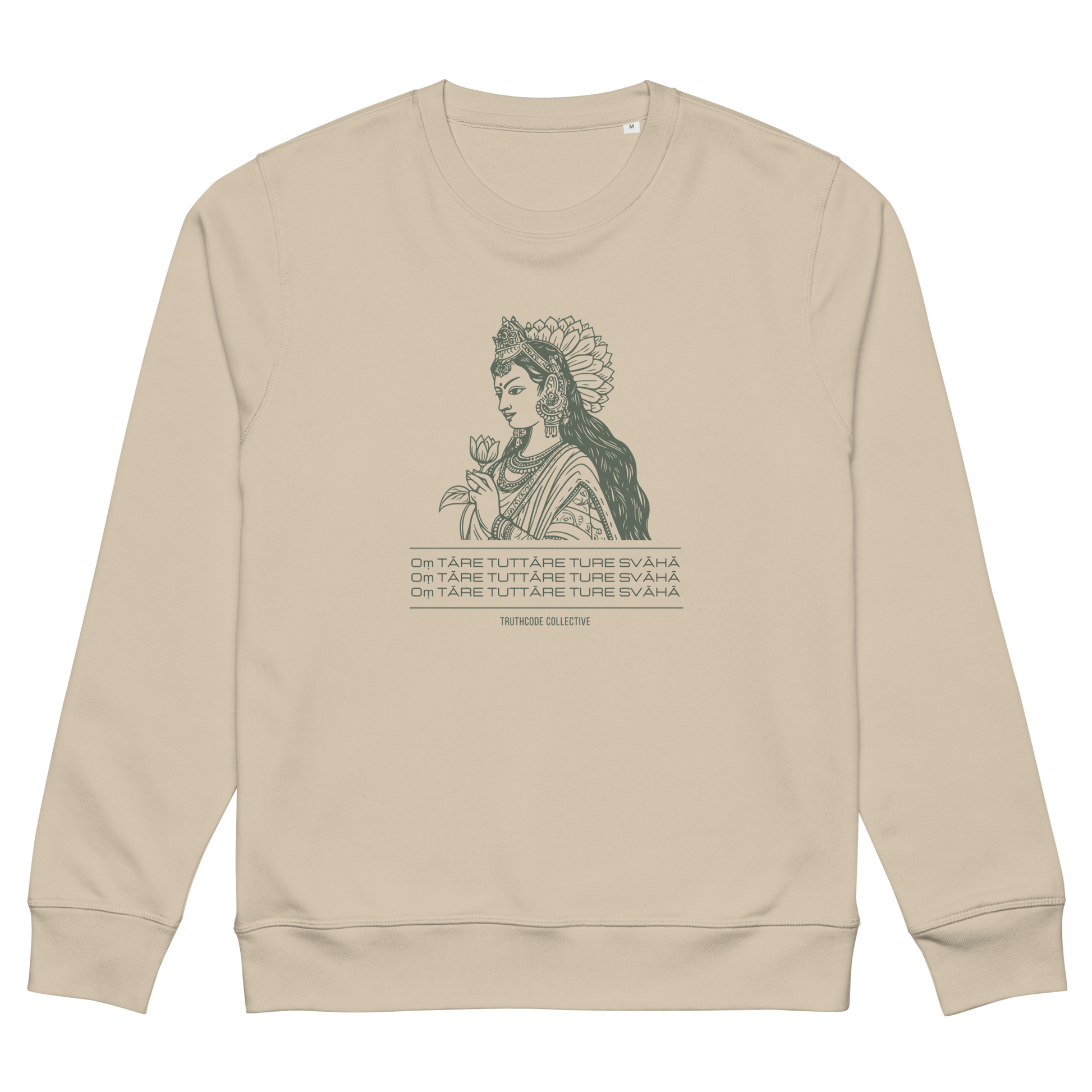 Beige organic sweatshirt with a graphic of a woman representing Green Tara holding a flower and mantra text, on a white background