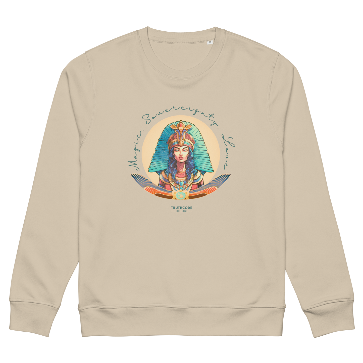 Beige organic sweatshirt with a colorful graphic of an Egyptian woman in a headdress and text 'Magic, Sovereignty, Love' on a white background