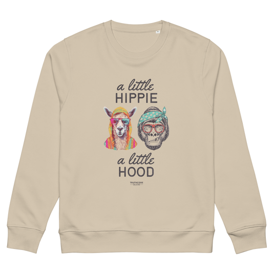 Beige organic sweatshirt with graphic design of colorfully clothed llama and gorilla in a headband with text 'A little hippie, a little hood' on a white background