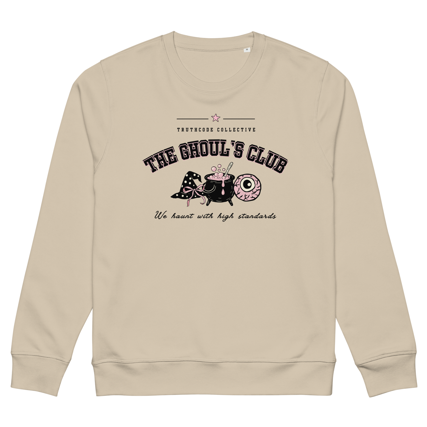 Beige organic sweatshirt with 'The Ghoul's Club, we haunt you with high standards' text and halloween style graphic design on a white background