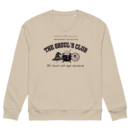 Beige organic sweatshirt with 'The Ghoul's Club, we haunt you with high standards' text and halloween style graphic design on a white background