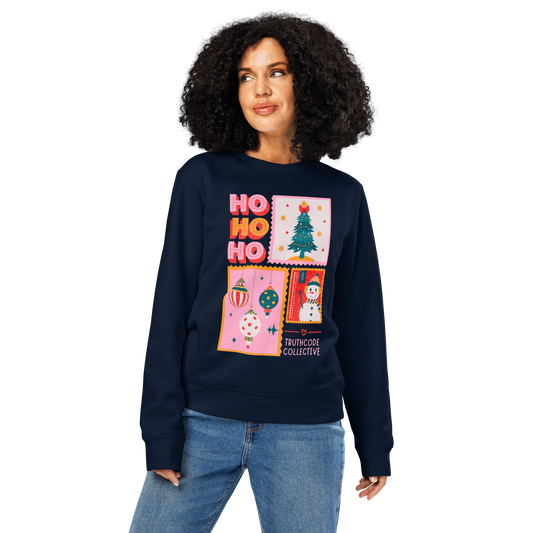 Person wearing a navy blue sweatshirt with festive designs and text on a white background