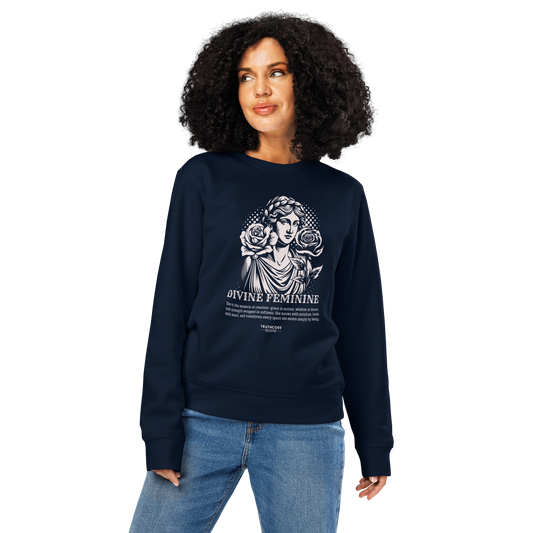 Woman wearing navy blue organic sweatshirt with a graphic of a woman holding roses and text 'Divine Feminine' on a white background.