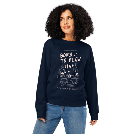 Navy blue organic sweatshirt with yoga-themed graphic and text 'Born to flow club' on a white background
