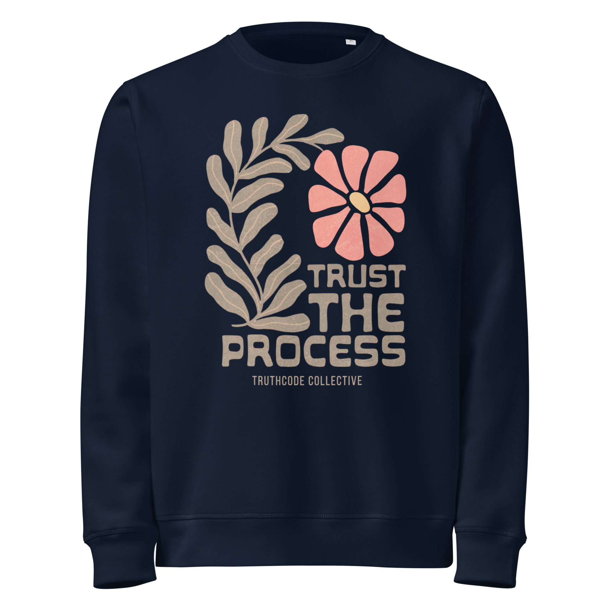 Navy blue organic sweatshirt with floral design and 'Trust The Process' text 