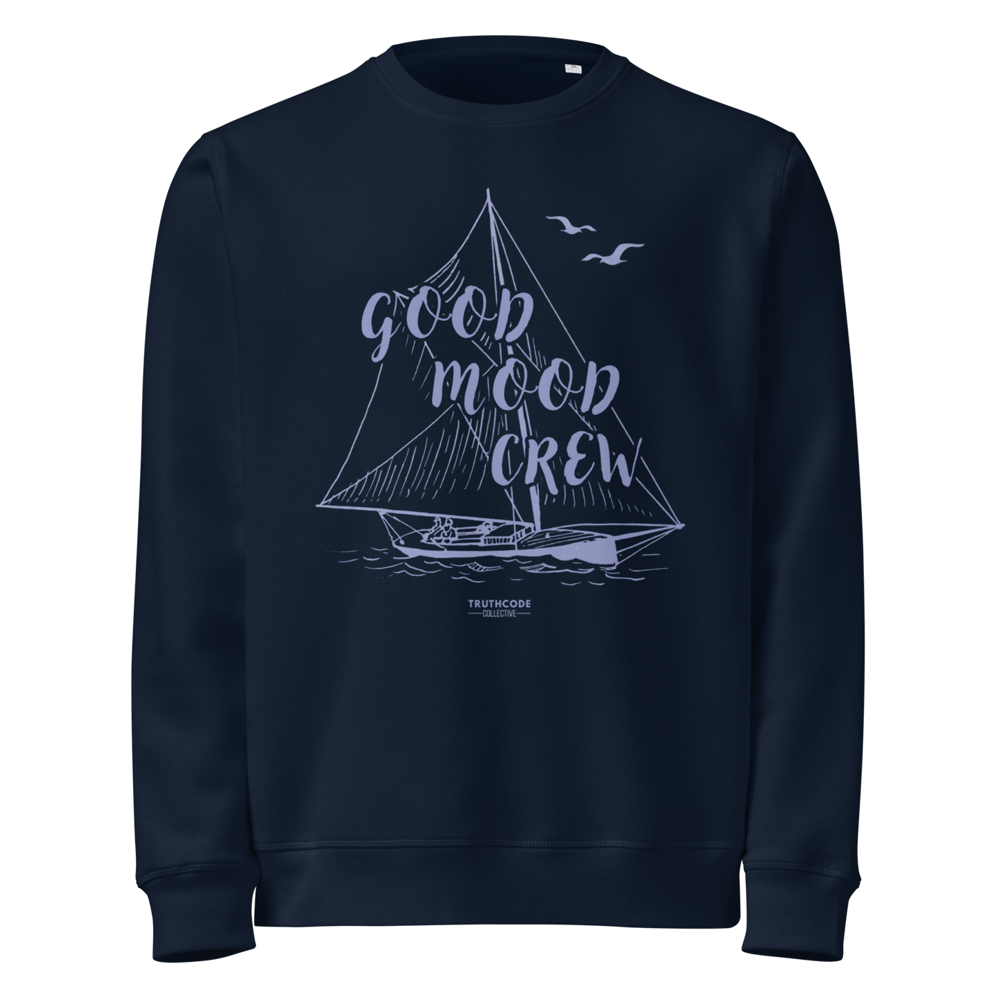 Navy blue organic sweatshirt with sailboat graphic and 'Good Mood Crew' text on a white background