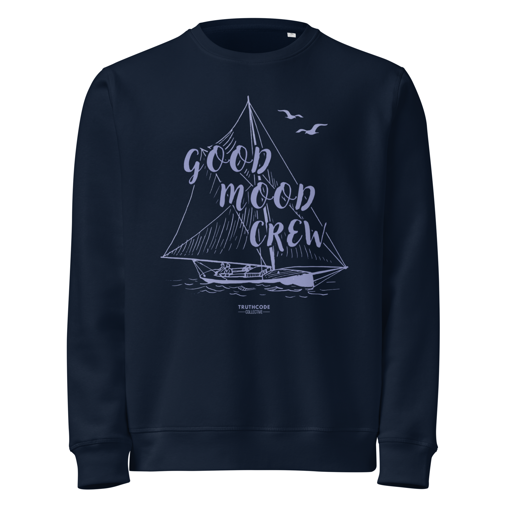 Navy blue organic sweatshirt with sailboat graphic and 'Good Mood Crew' text on a white background