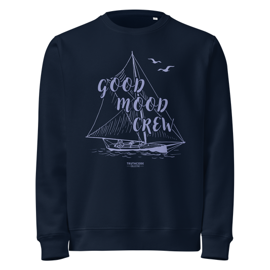 Navy blue organic sweatshirt with sailboat graphic and 'Good Mood Crew' text on a white background