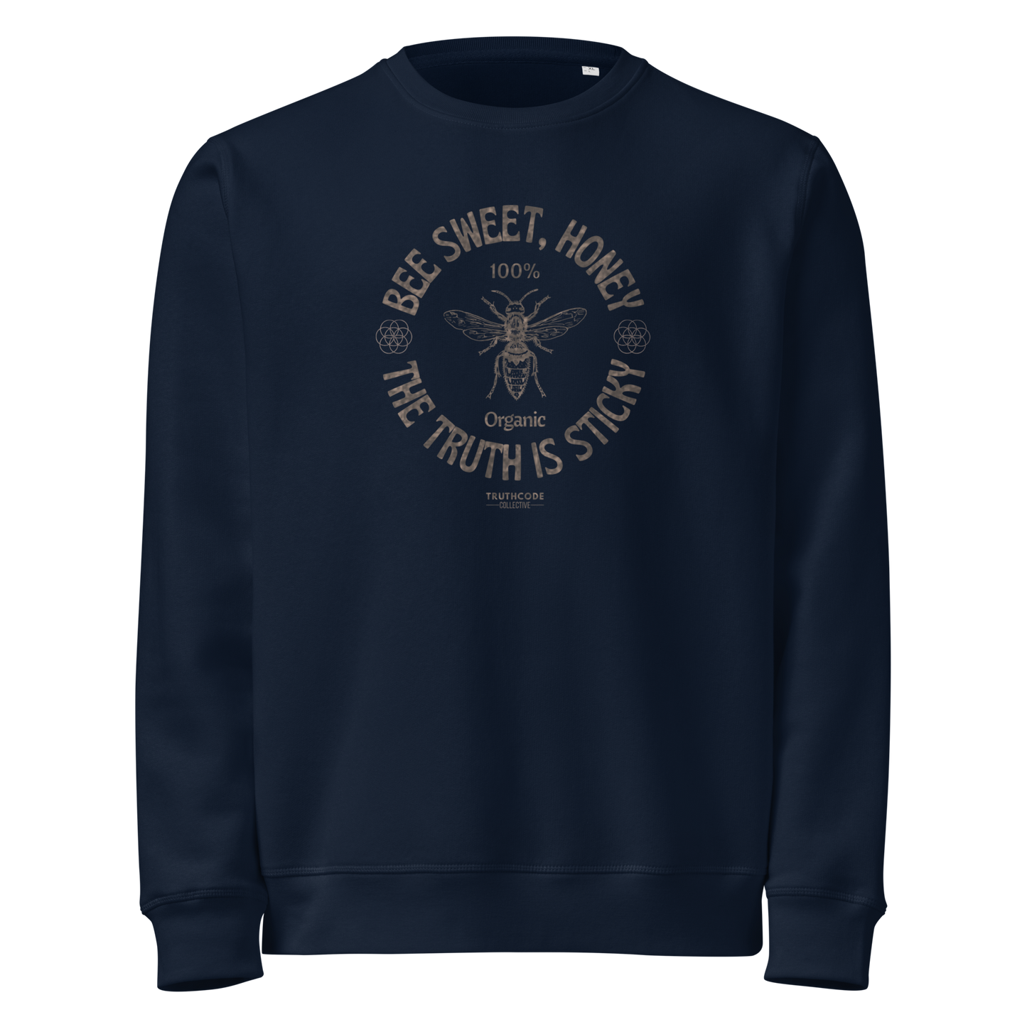 Navy blue organic sweatshirt with bee graphic and text 'Bee sweet, honey' and 'the truth is sticky' on a white background