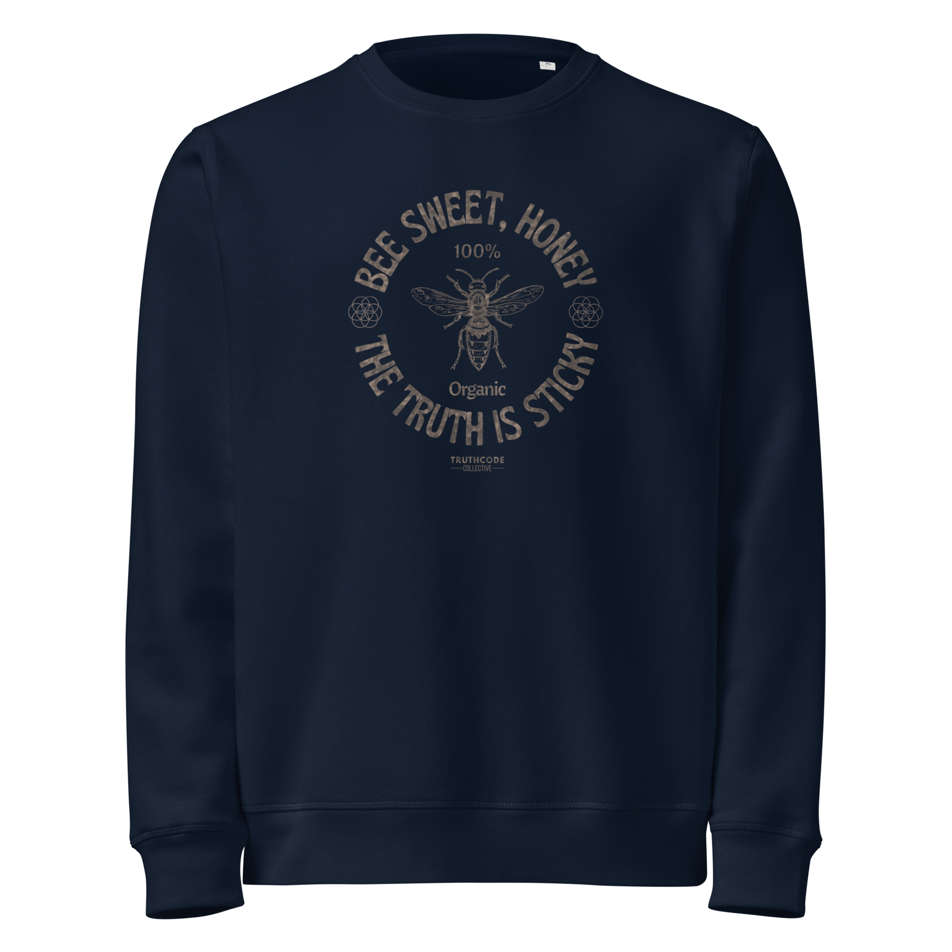 Navy blue organic sweatshirt with bee graphic and text 'Bee sweet, honey' and 'the truth is sticky' on a white background