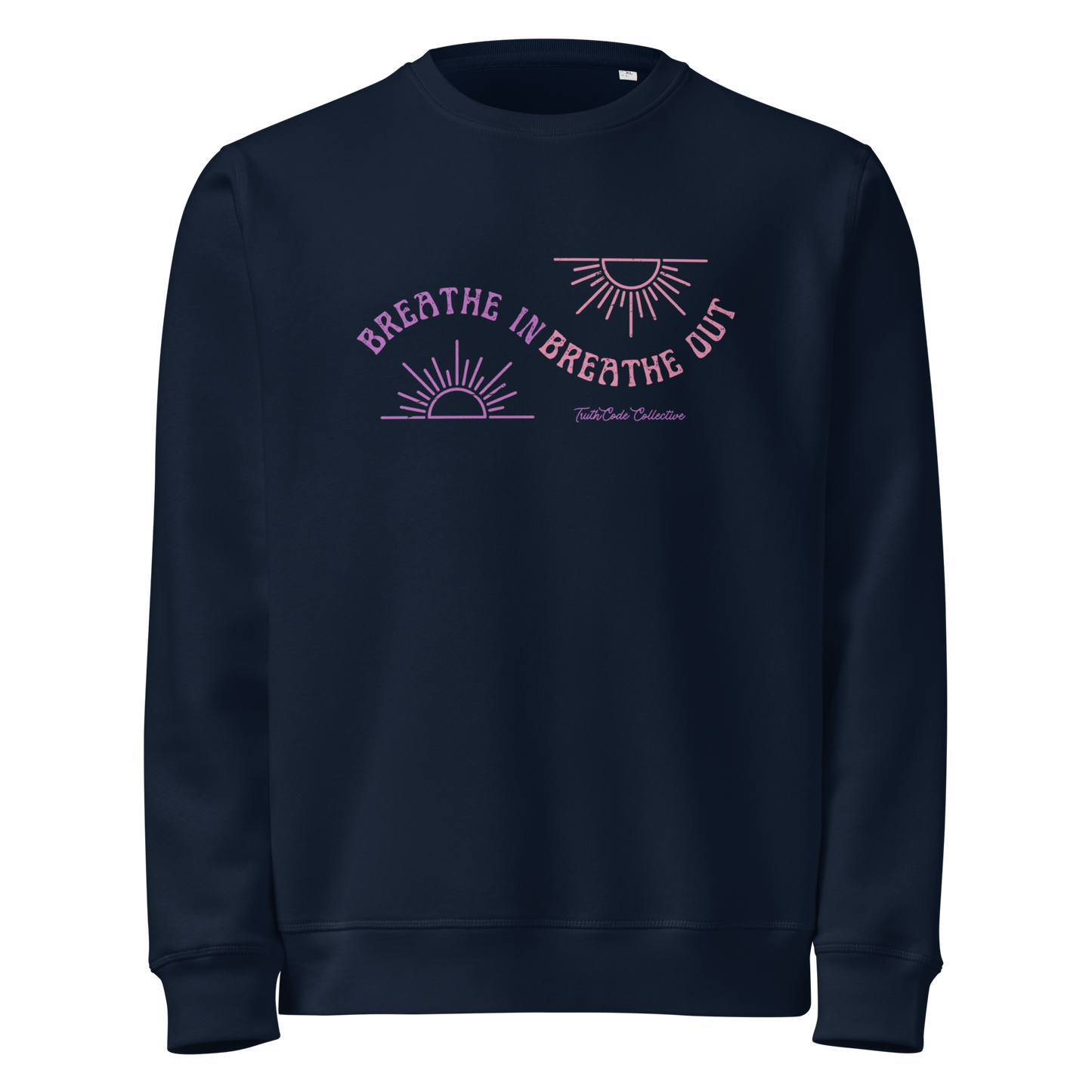 Navy blue organic sweatshirt with pink and purple sun design and text 'Breathe in breathe out' on a white background