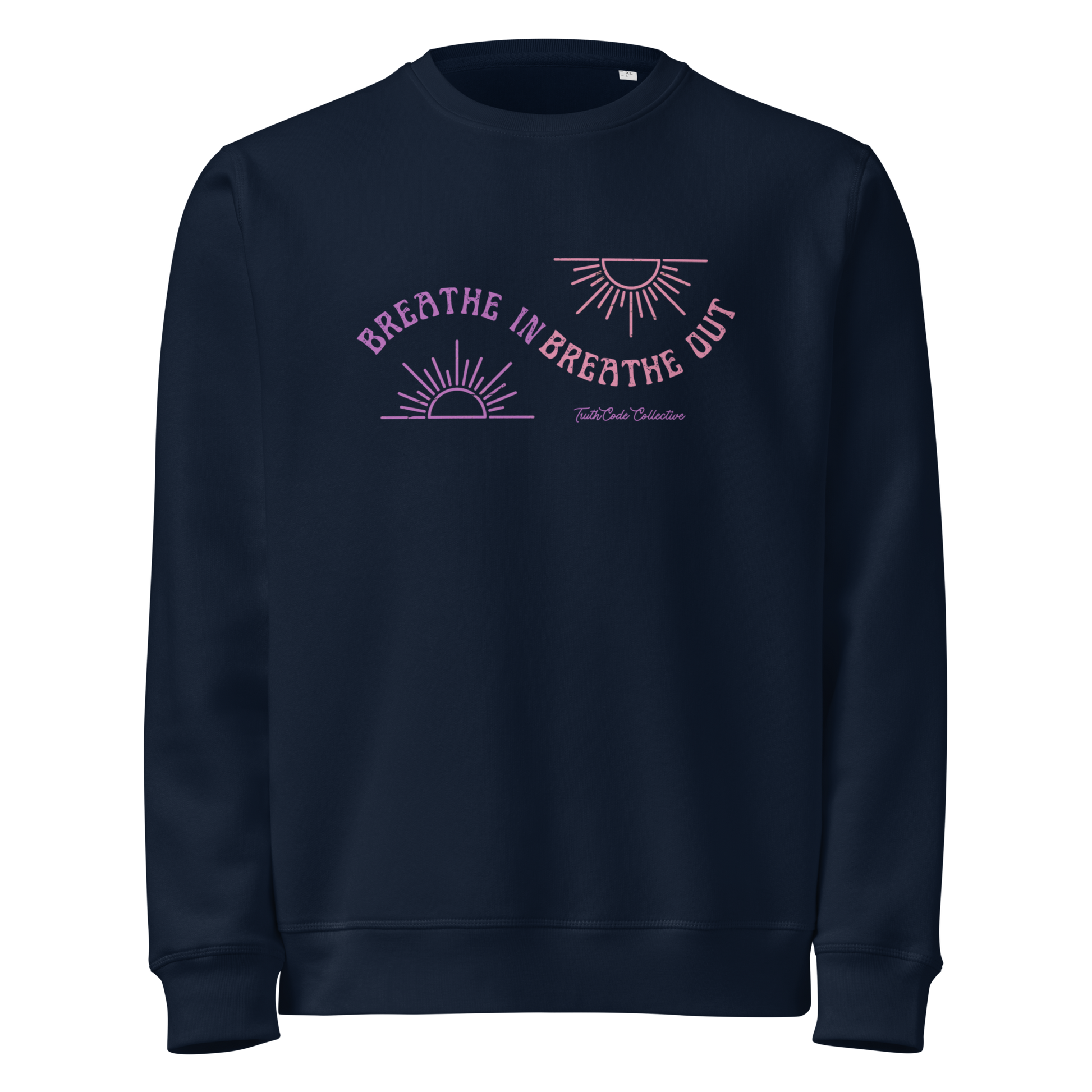 Navy blue organic sweatshirt with pink and purple sun design and text 'Breathe in breathe out' on a white background