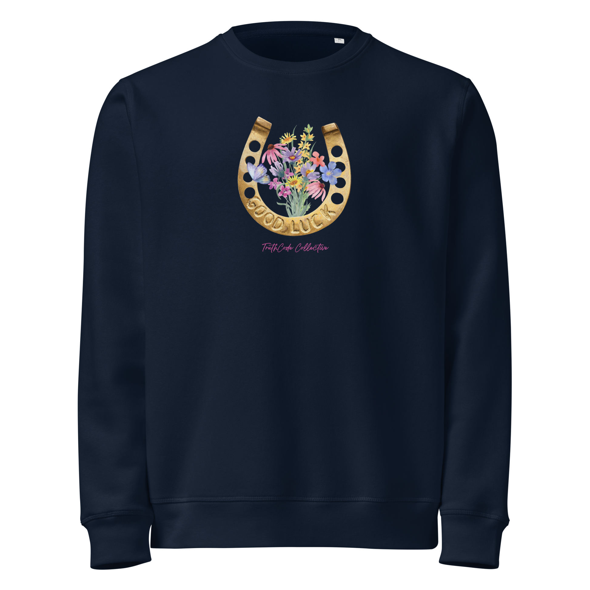Navy blue organic sweatshirt with a floral and horseshoe design and text 'GOOD LUCK' on a white background