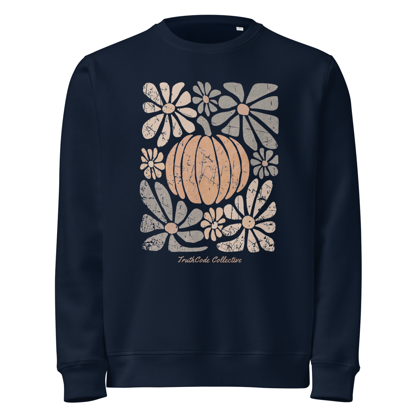 Navy blue organic sweatshirt with a pumpkin and floral design on a white background