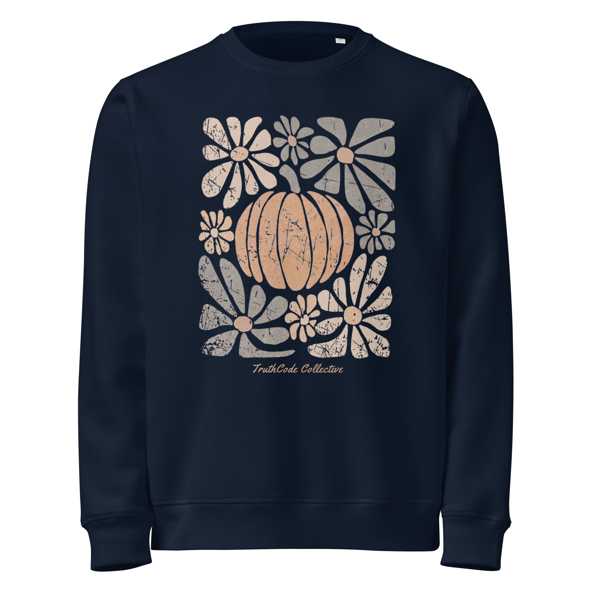 Navy blue organic sweatshirt with a pumpkin and floral design on a white background