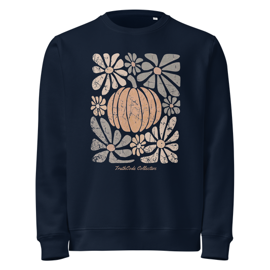 Navy blue organic sweatshirt with a pumpkin and floral design on a white background