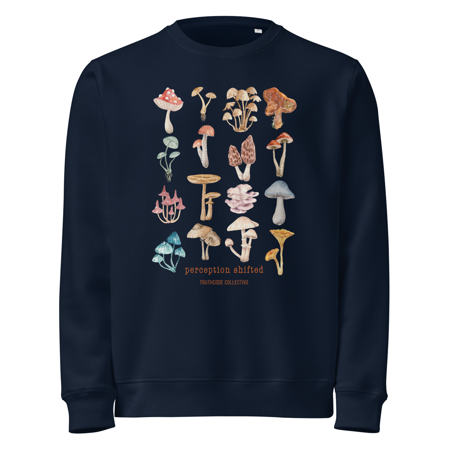 Navy blue organic sweatshirt with colorful mushroom illustrations and text 'Perception shifted' on a white background