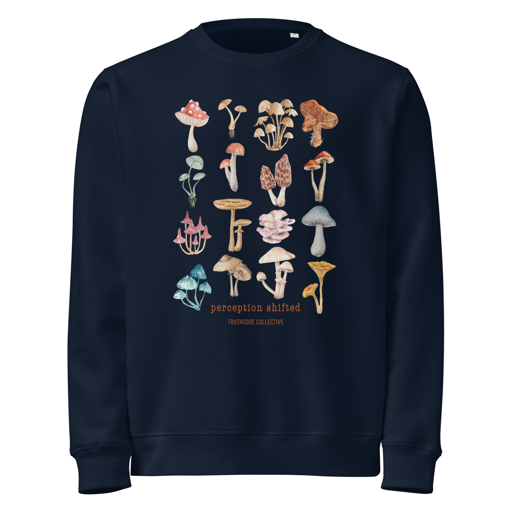 Navy blue organic sweatshirt with colorful mushroom illustrations and text 'Perception shifted' on a white background