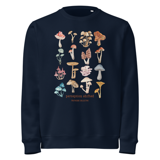 Navy blue organic sweatshirt with colorful mushroom illustrations and text 'Perception shifted' on a white background