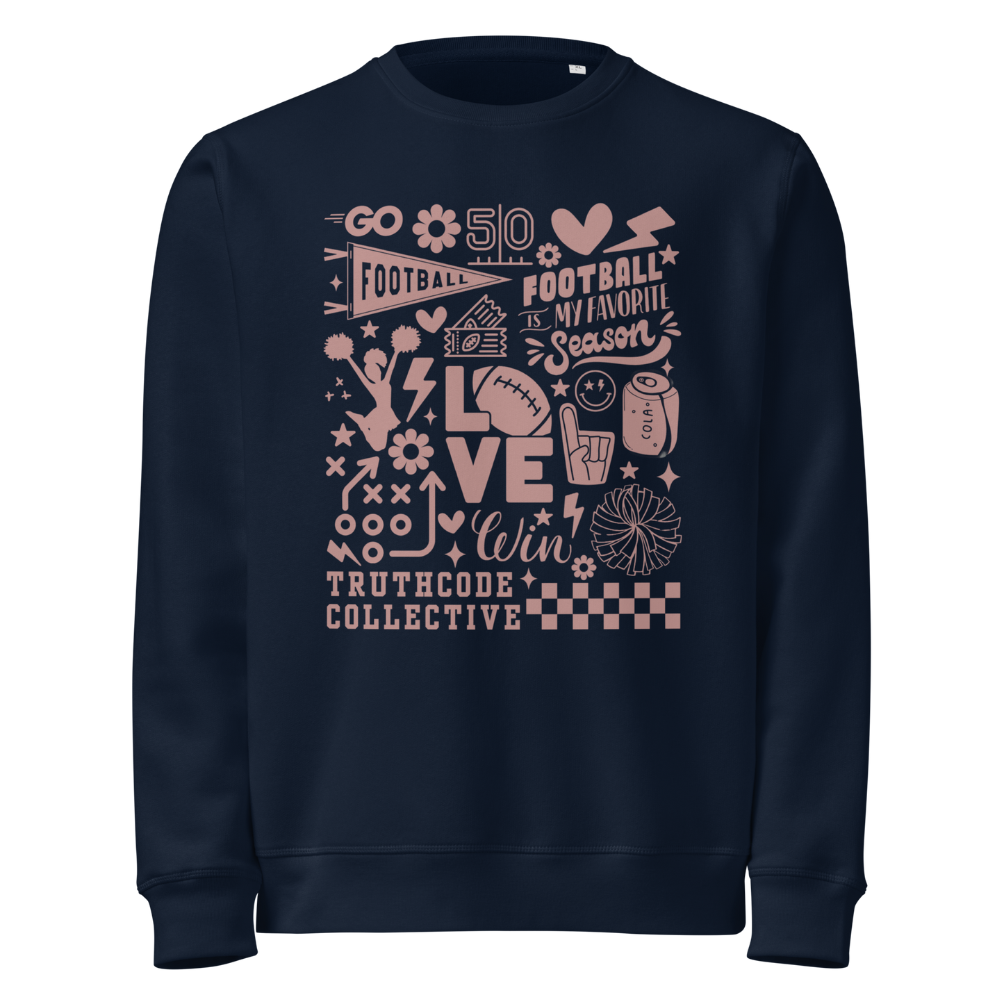 Navy blue organic sweatshirt with football themed graphics and text 'Football is my favorite season' on a white background