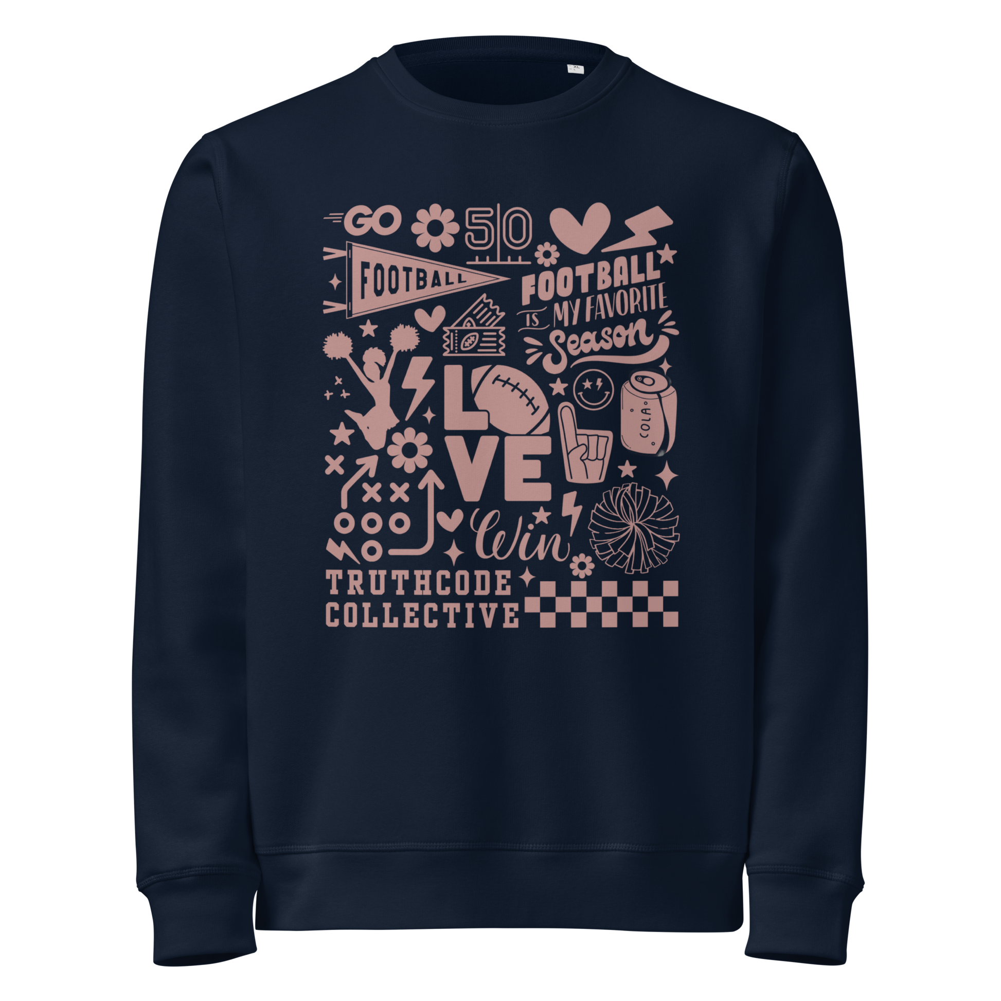 Navy blue organic sweatshirt with football themed graphics and text 'Football is my favorite season' on a white background